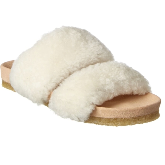 Tory Burch Fur slippers Beige sz 8 Sheldon Shearling Two Band Slide - Picture 13 of 13